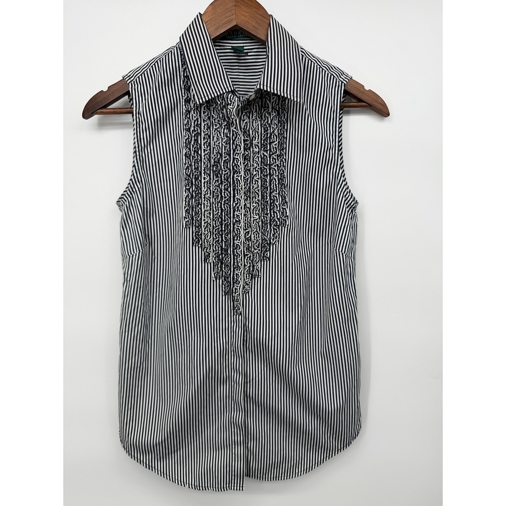Lauren Ralph Lauren Blouse Womens 8 Navy White Excellent Ruffle Sleeveless Top